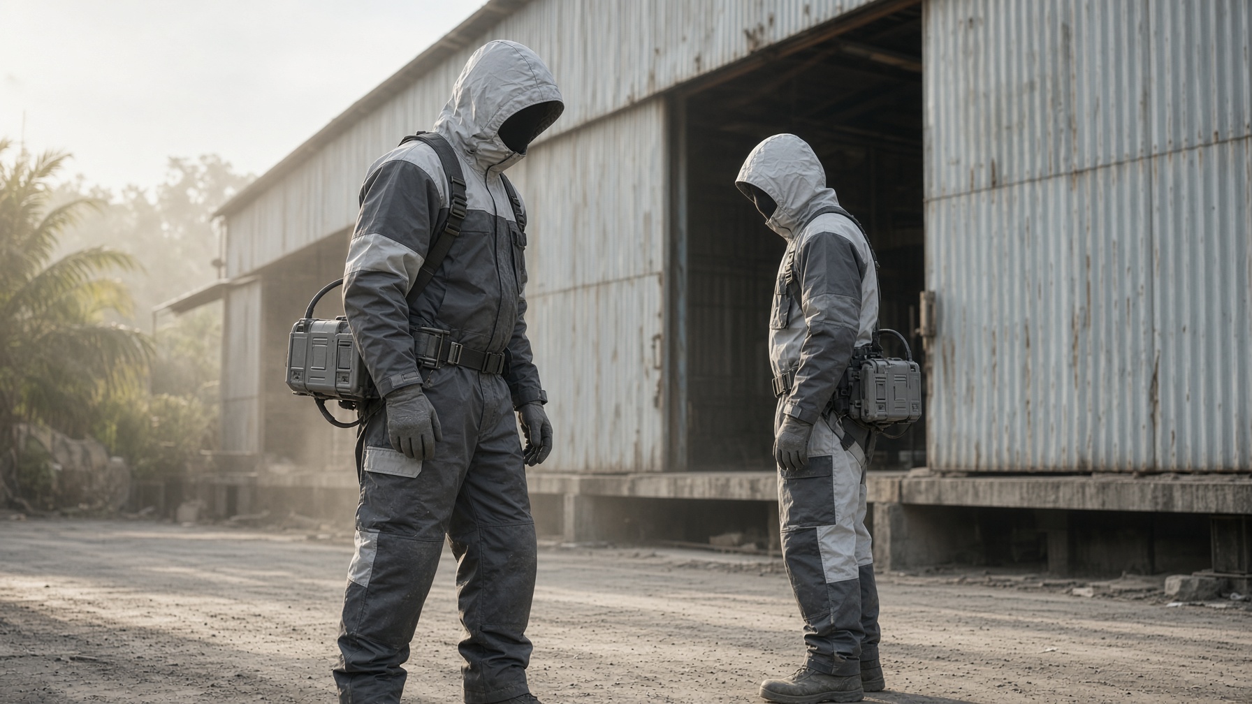 Two personnel in RIME climate suits with hoods up, working a loading bay in tropical heat.