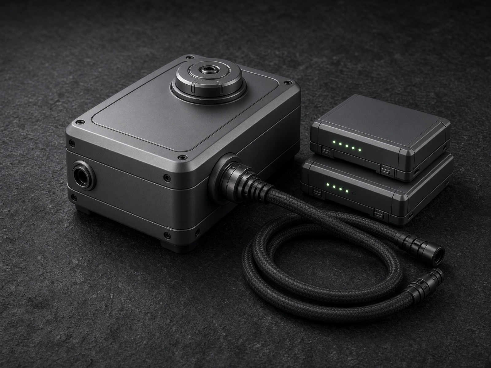 Studio photograph of the RIME belt compressor and dual removable battery packs.